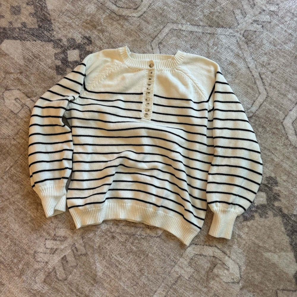 Striped black and cream oversized henley sweater